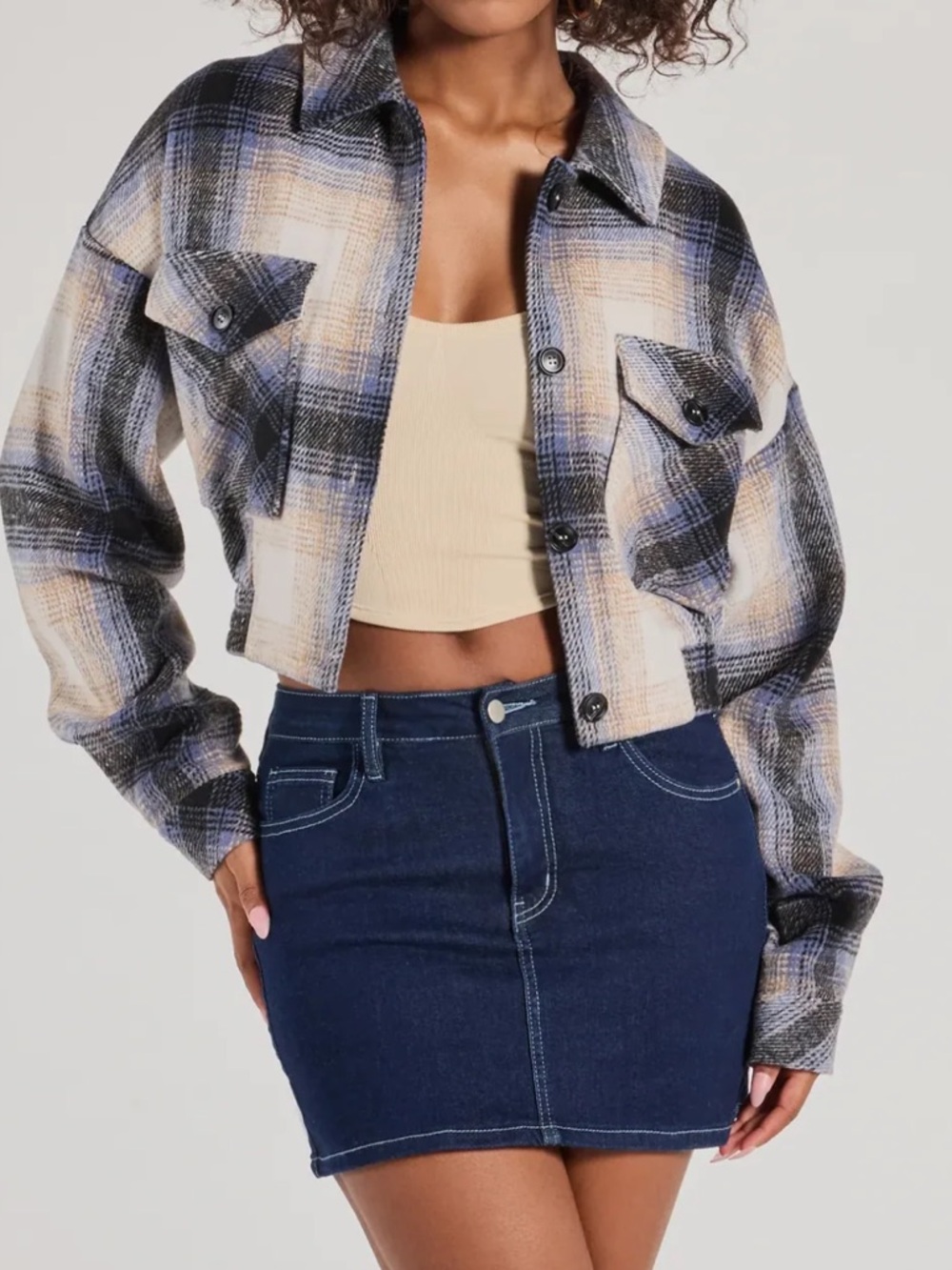 Cropped Blue Cream Tan Plaid Woven Fabric Shacket Pocket Detail Windsor NWT Sz M